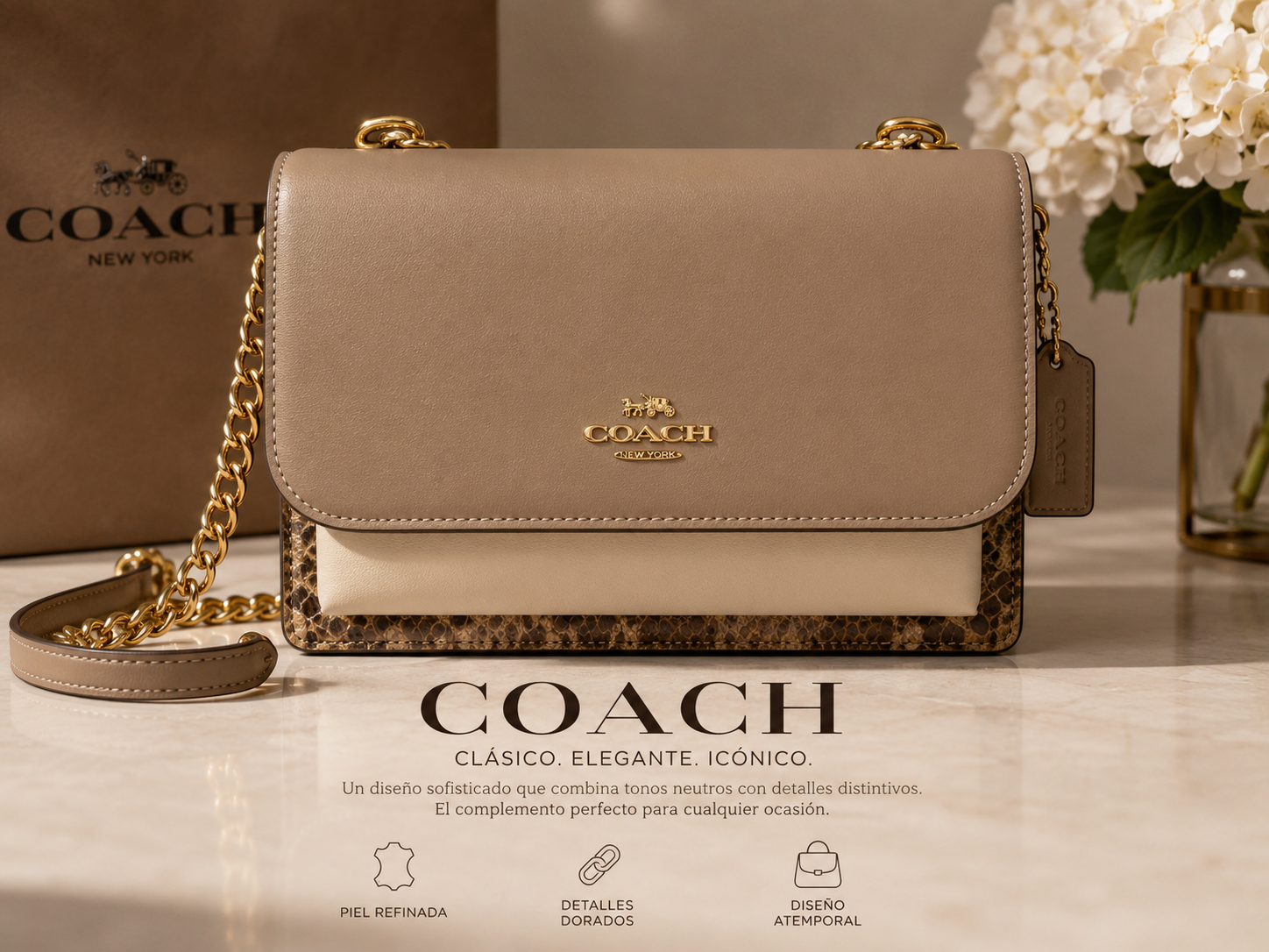 Coach Klare Crossbody Bag – Taupe Leather with Snake Print Detail