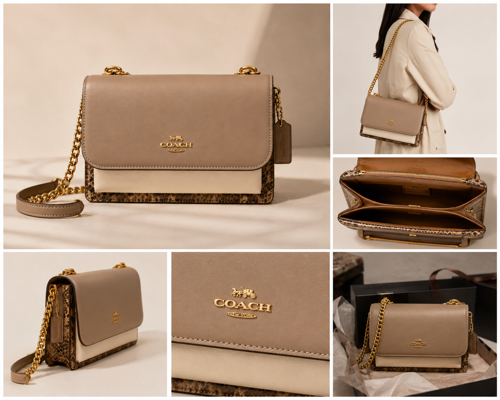 Coach Klare Crossbody Bag – Taupe Leather with Snake Print Detail