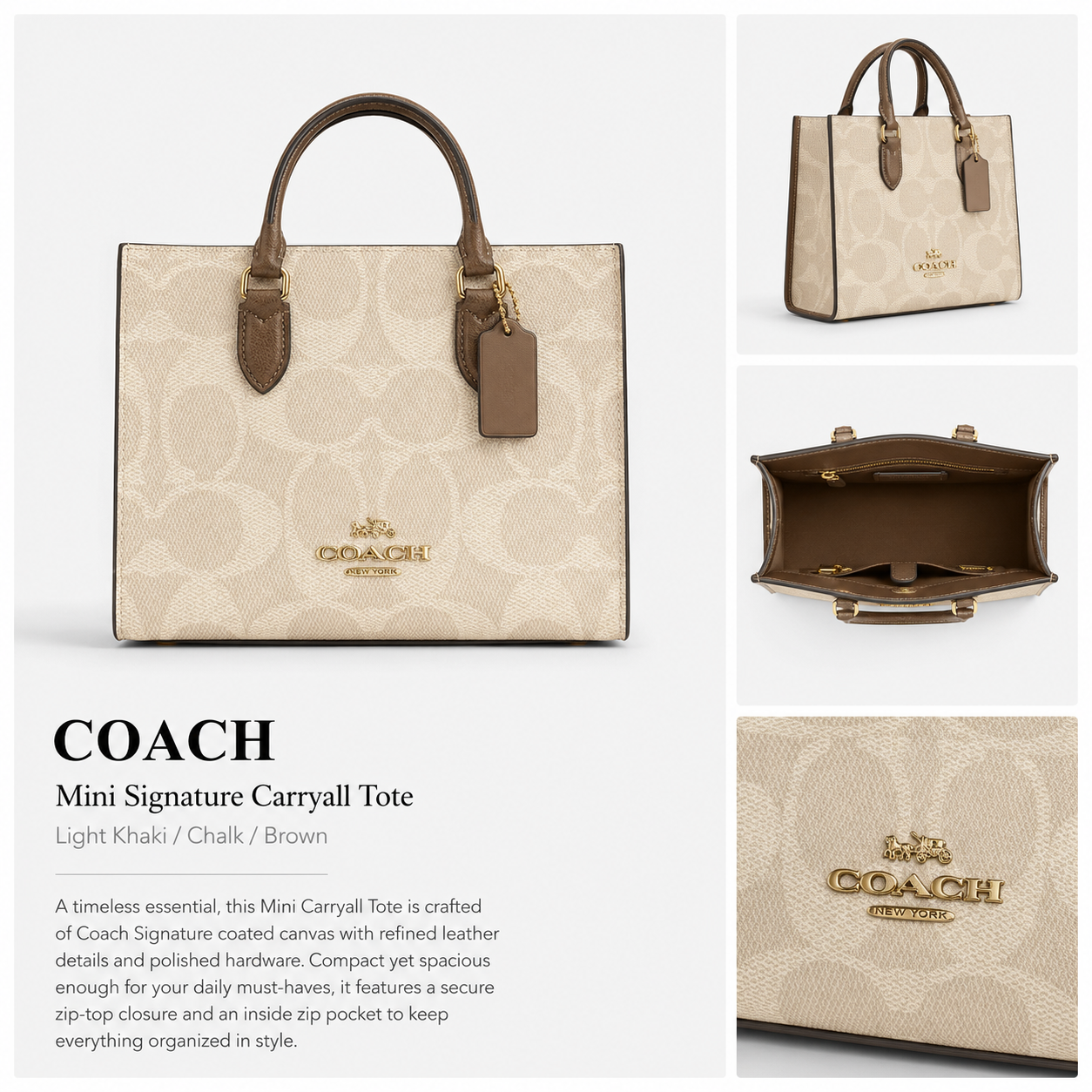 Coach Mini Signature Carryall Tote Bag – Light Khaki/Chalk